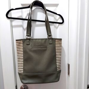 Jewel by Thirty One color block Tote Bag Shoulder Or Arm olive green Stripped